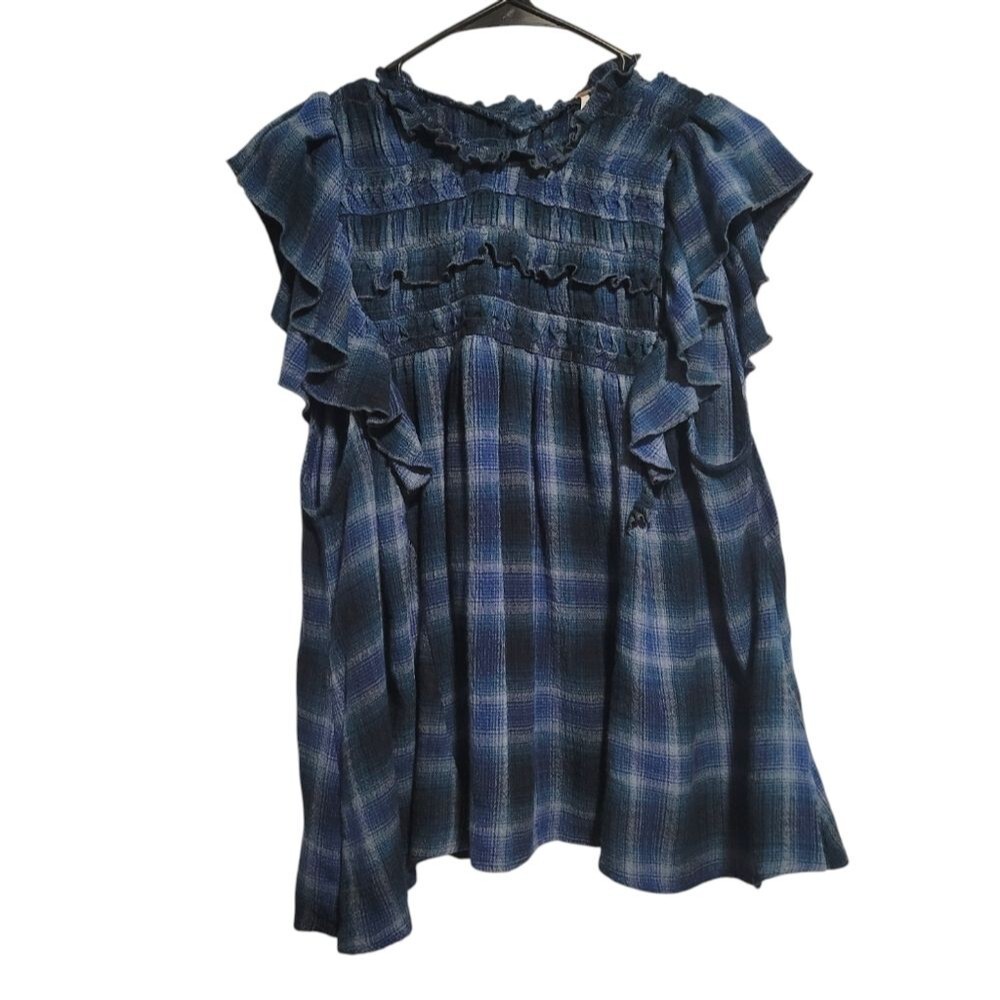 Free People Not Your Average Girl Blue Plaid Ruffle Shoulder Top Size Medium